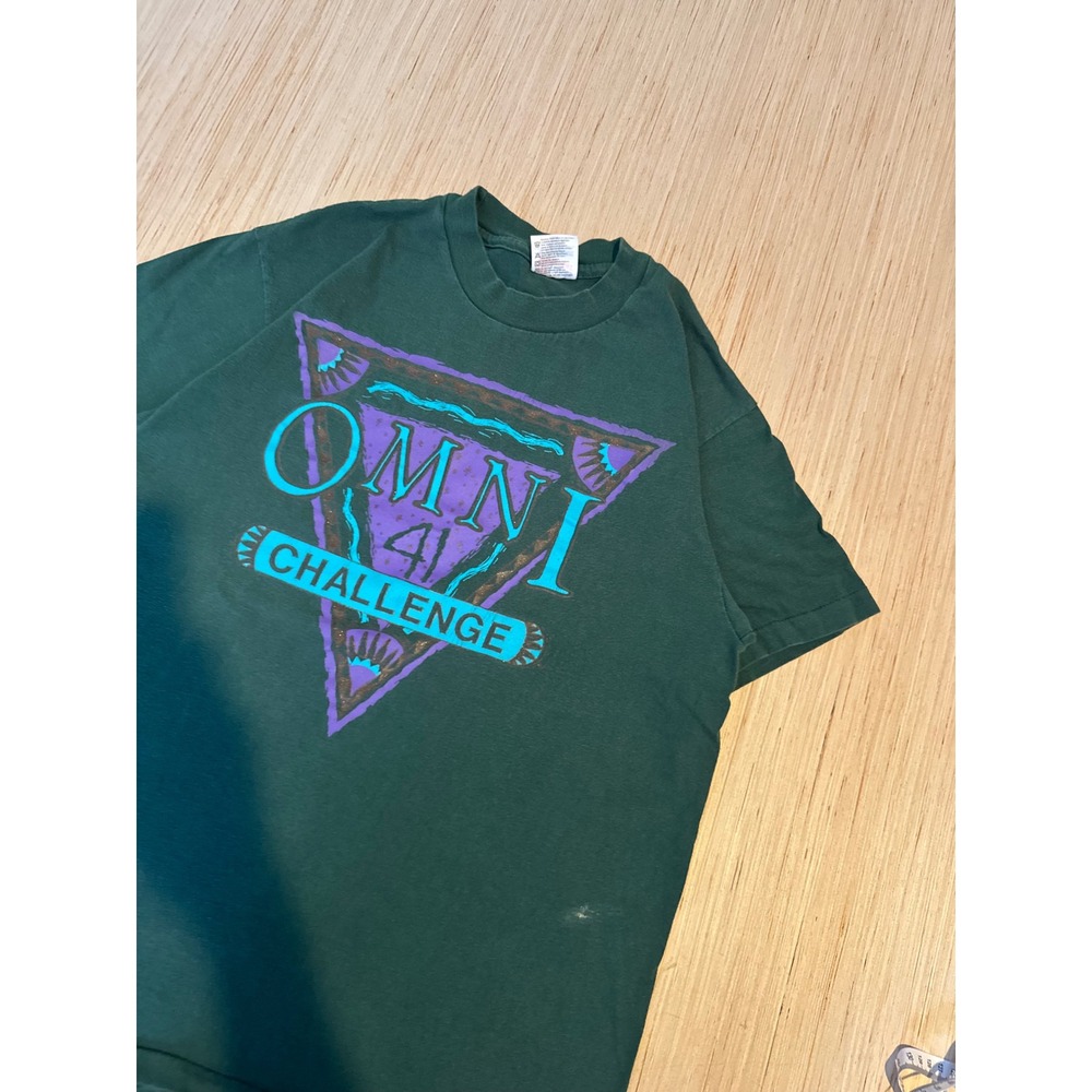 Vintage Hanes Heavyweight Omni 41 Challenge T Shirt Green Large Single Stitch 38